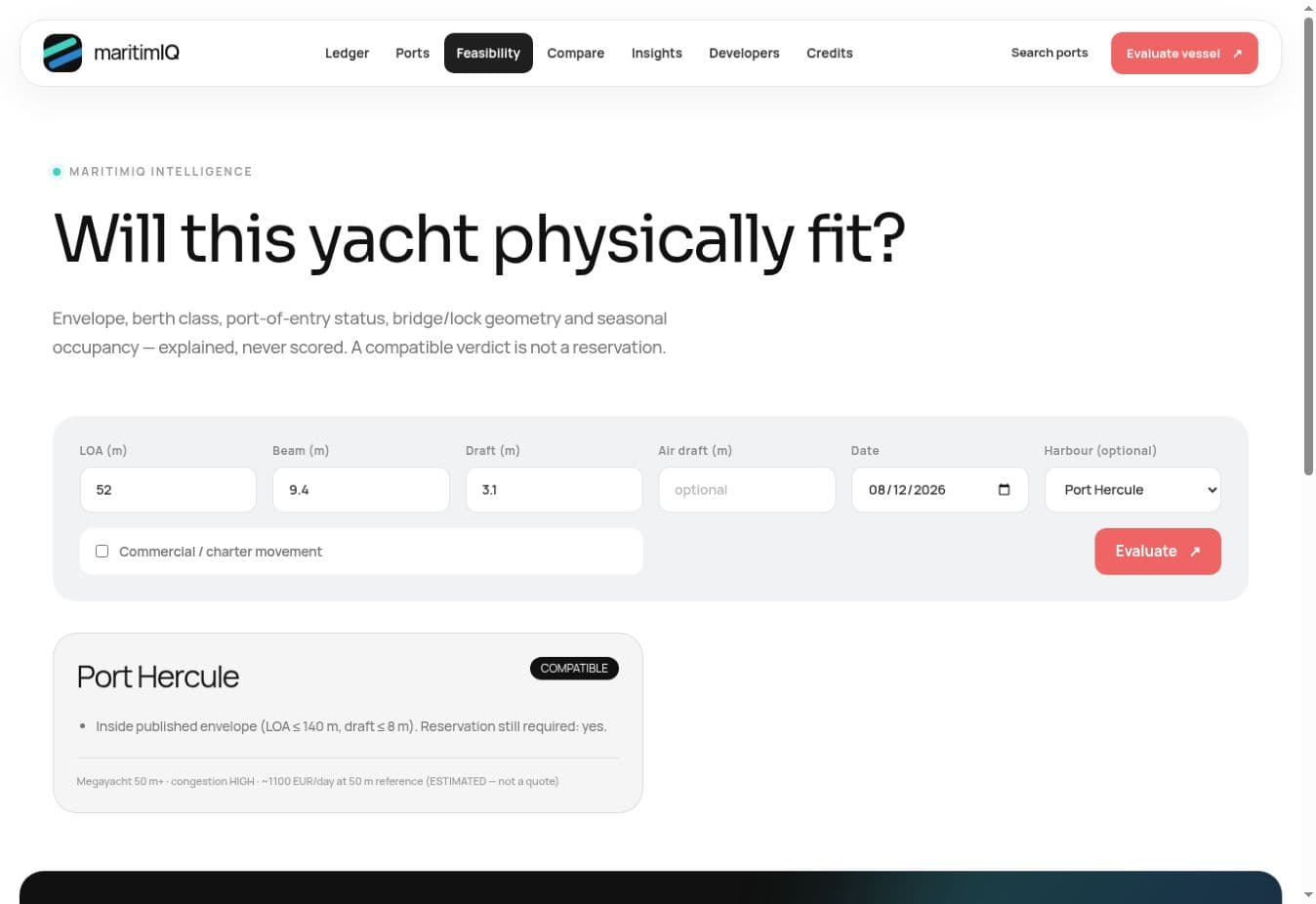 Vessel-to-harbour feasibility in the MaritimIQ portal